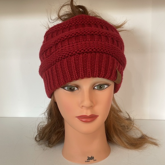 C.C. Exclusives Dark Red Maroon Color Knit Beanie with Ponytail Opening - Picture 6 of 11